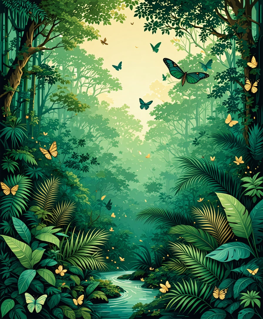 Lush Jungle Butterflies River Scene Rug