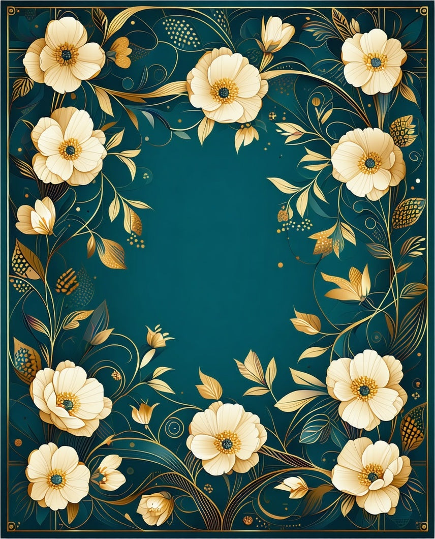 Elegant Floral Gold Accented Teal Rug
