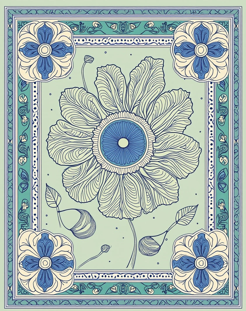 Floral Botanical Motif With Blue Accents Rug