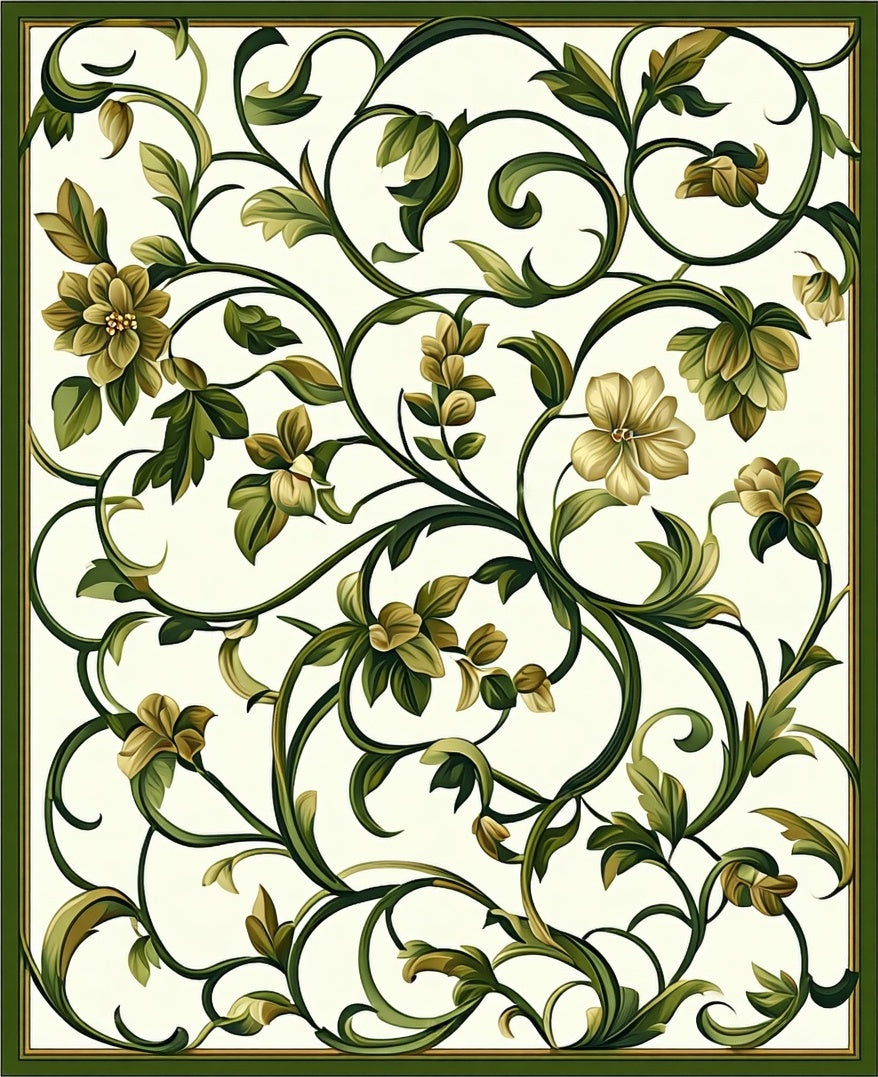 Elegant Green Floral Vine Scroll Design Rug