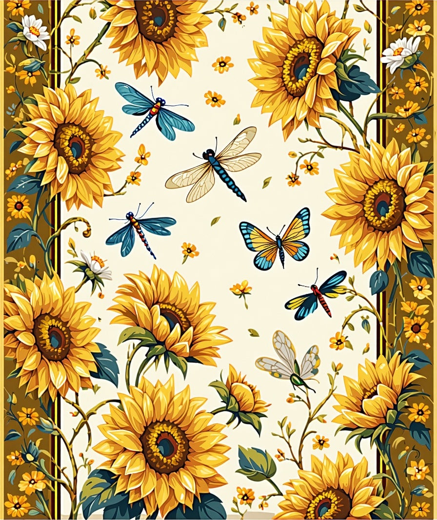 Sunny Sunflower Dragonfly Butterfly Pattern Rug