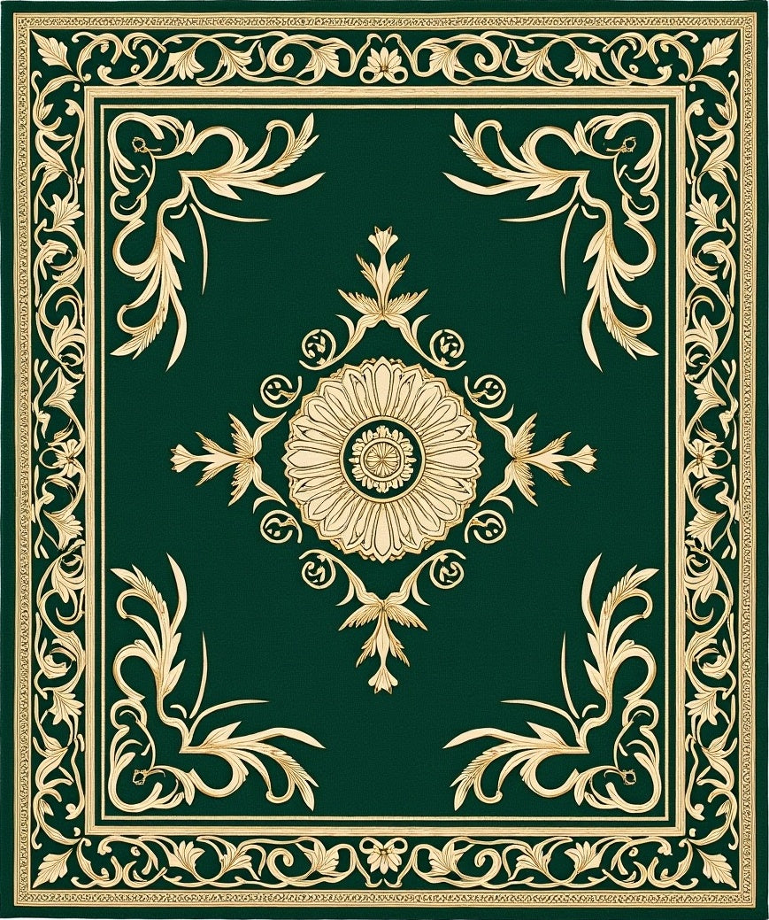Emerald Gold Intricate Floral Border Rug
