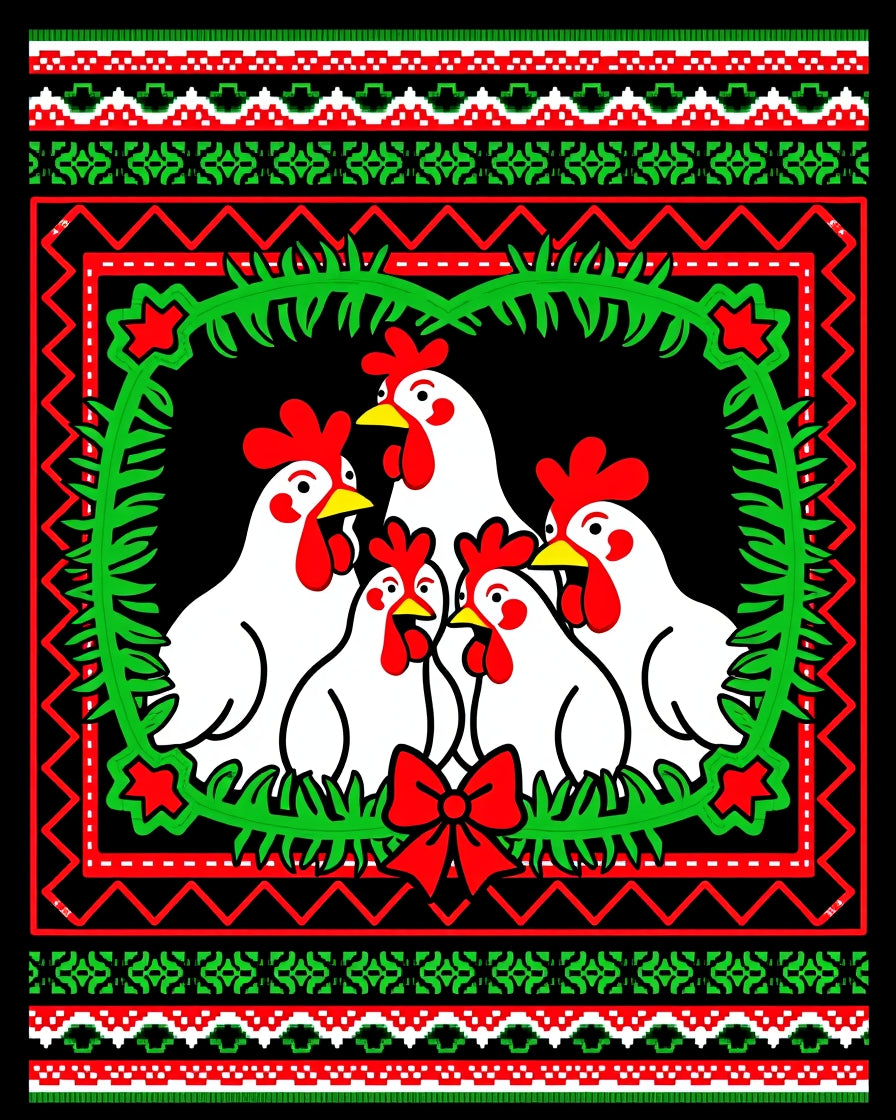Christmas Chickens Wreath Red Green Rug
