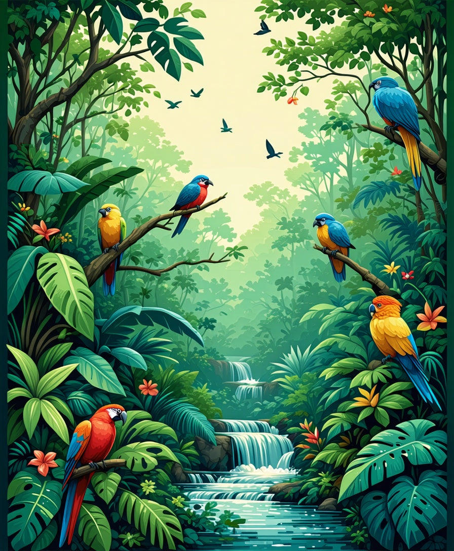 Tropical Jungle Waterfall Parrot Scene Rug