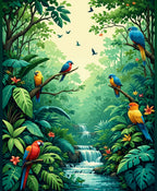 Tropical Jungle Waterfall Parrot Scene Rug