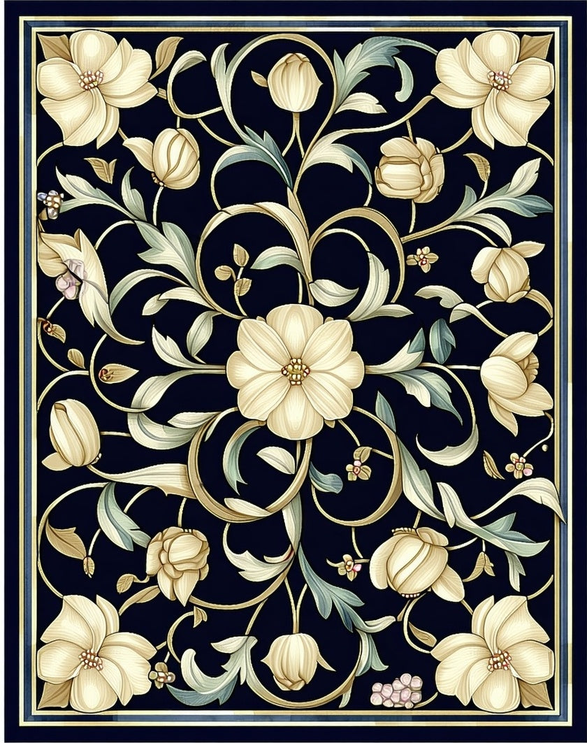 Ornate Floral Scrollwork Dark Rug