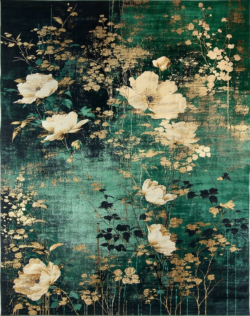 Emerald Garden Floral Gold Design Rug