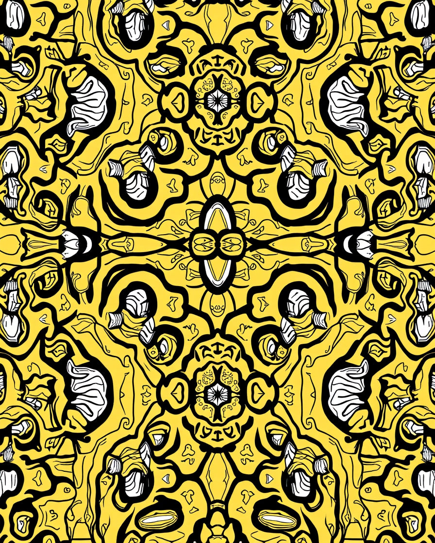 Symmetrical Yellow Black Floral Pattern Design Rug