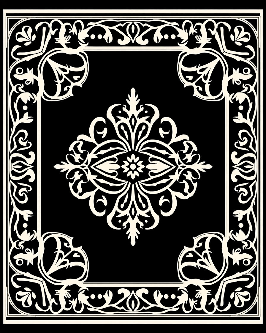 Elaborate Black And White Floral Design Rug