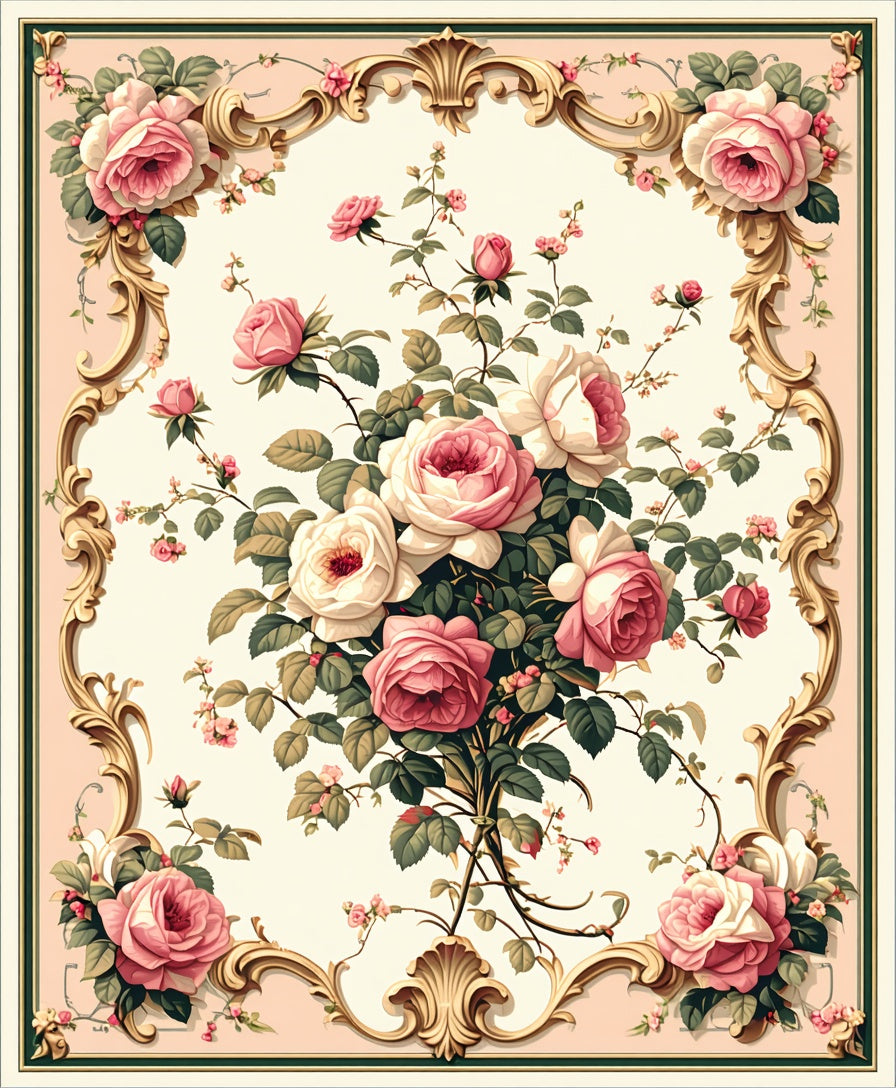 Ornate Rose Garland Scrollwork Design Rug