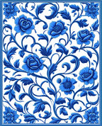 Blue Floral Scroll Pattern Rug