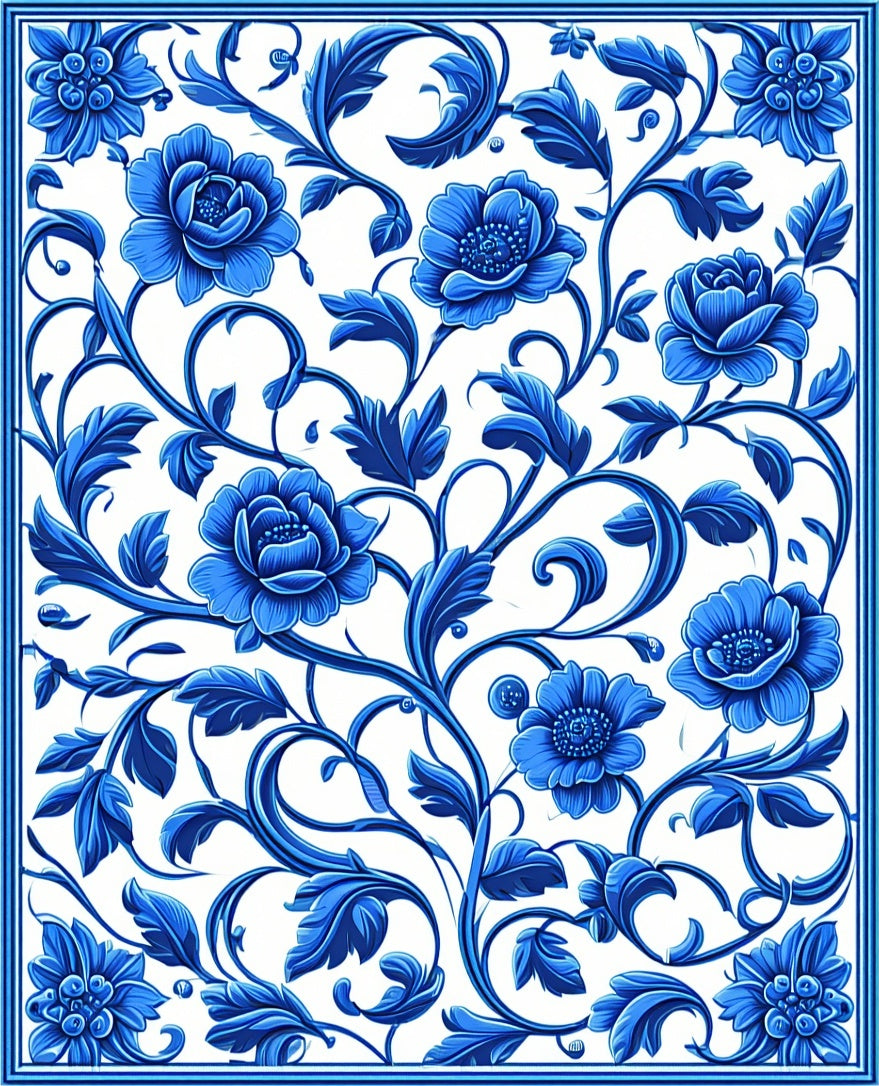 Blue Floral Scroll Pattern Rug