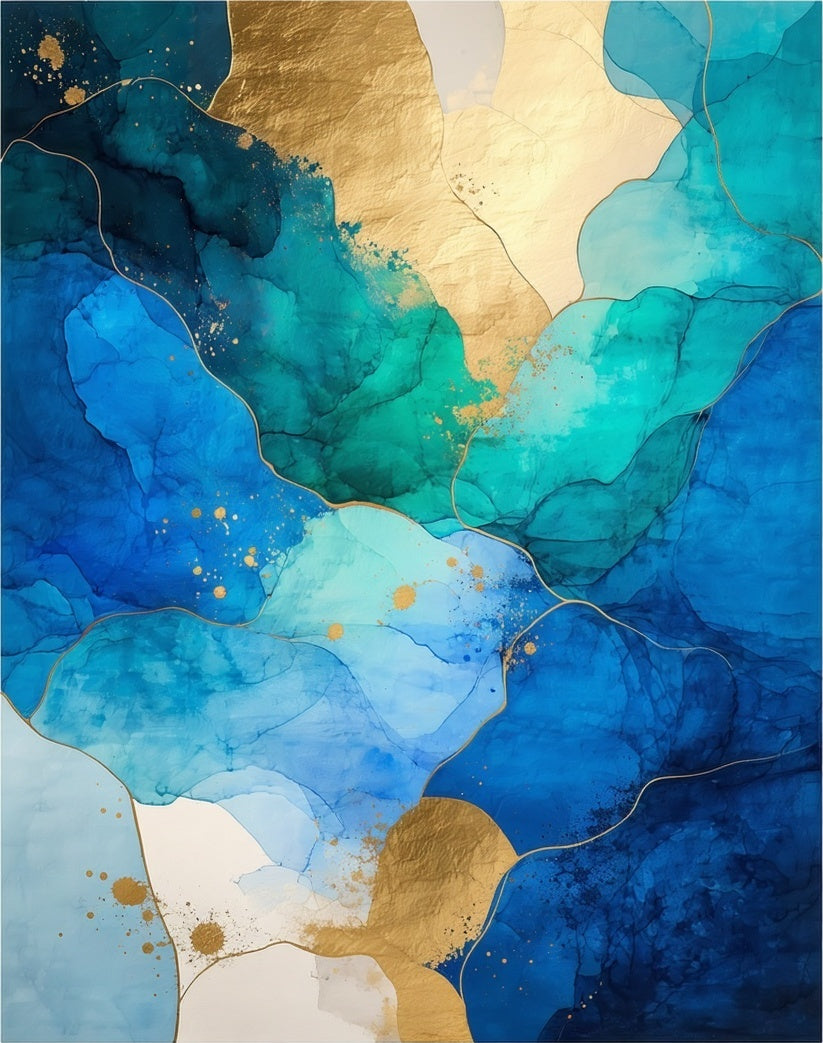 Abstract Blue Teal Gold Fluid Art Rug