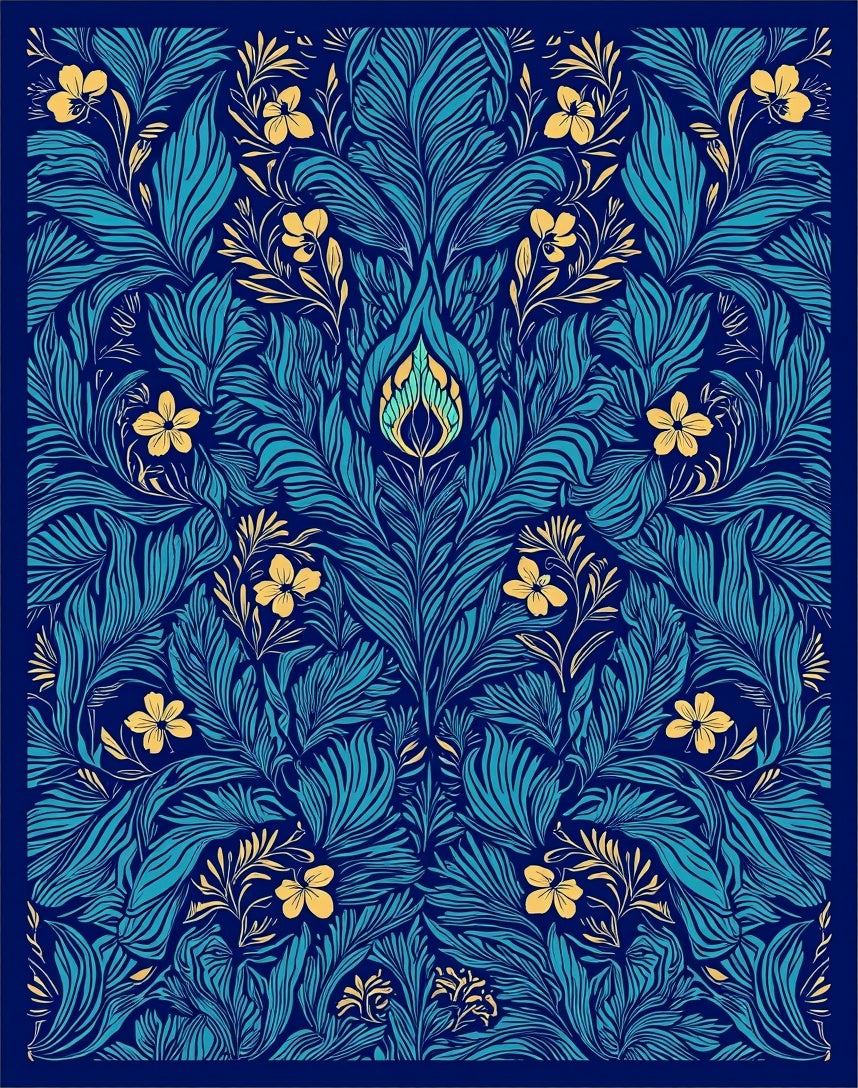 Art Nouveau Floral Blue Yellow Design Rug