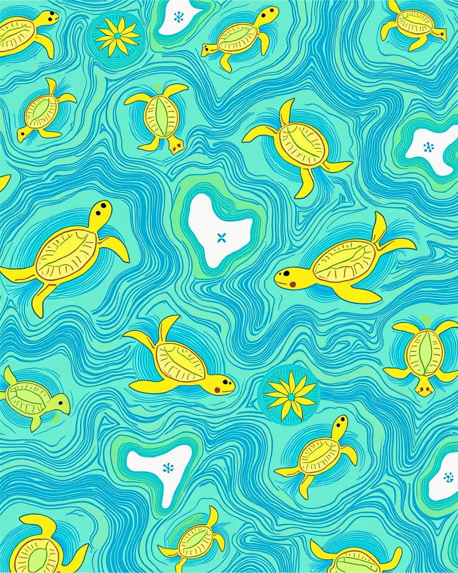 Whimsical Yellow Turtle Water Pattern Rug