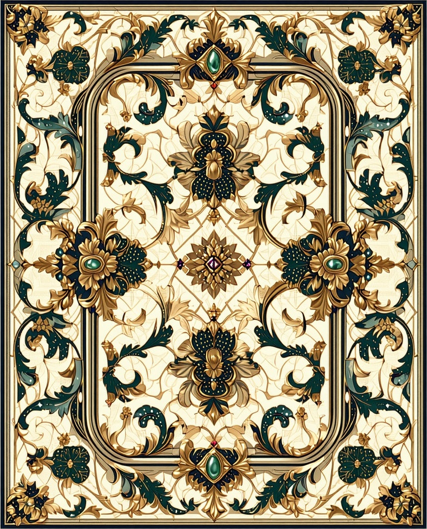 Ornate Floral Patterned Gold And Emerald Rug