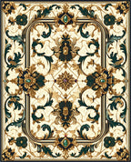 Ornate Floral Patterned Gold And Emerald Rug