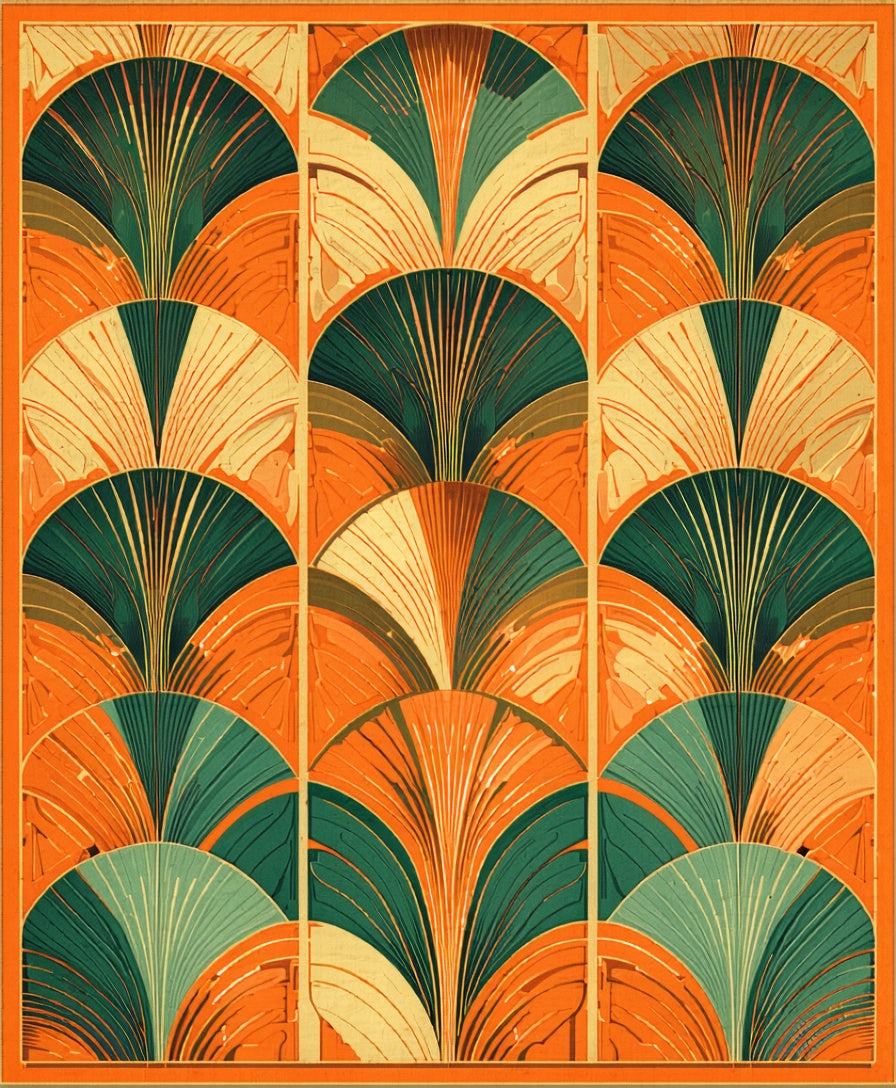 Orange Teal Fan Pattern Geometric Rug
