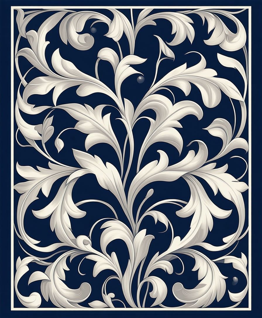 White Swirl Flora On Deep Blue Rug