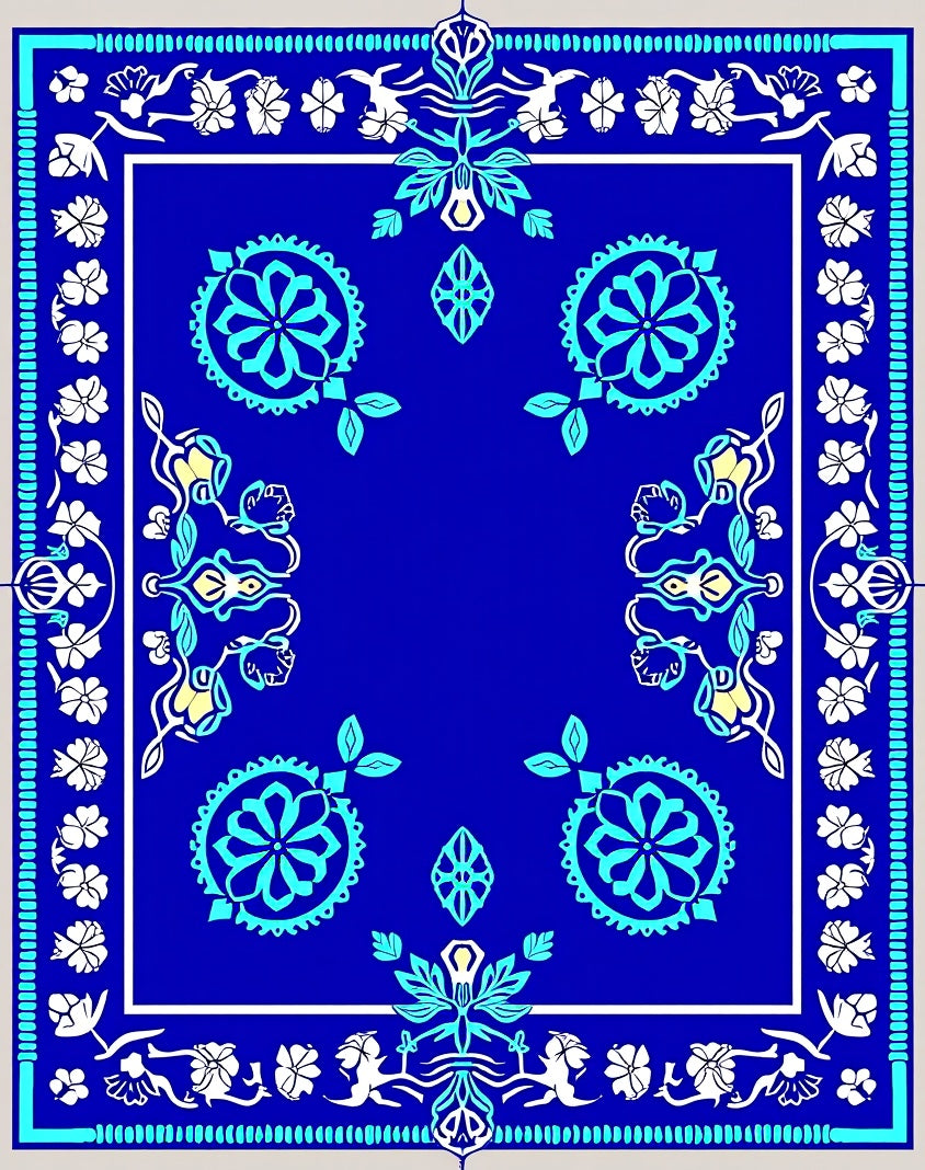 Vibrant Blue Floral Medallion Pattern Rug