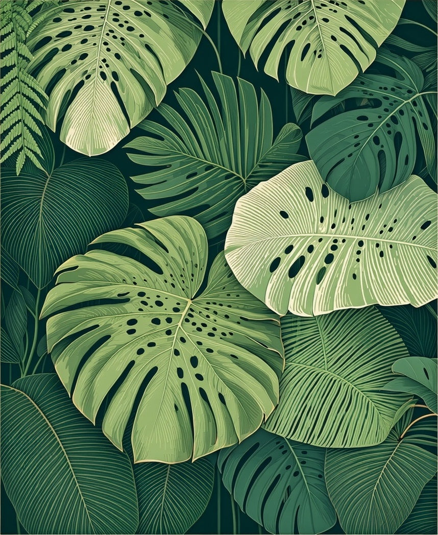 Lush Green Tropical Leaf Pattern Rug
