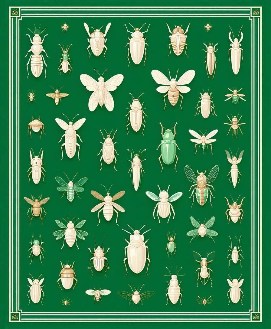 Elegant Insect Illustrations On Green Canvas Rug