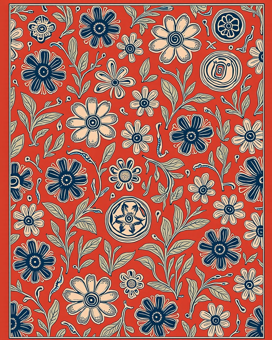 Red And Blue Floral Art Design Rug