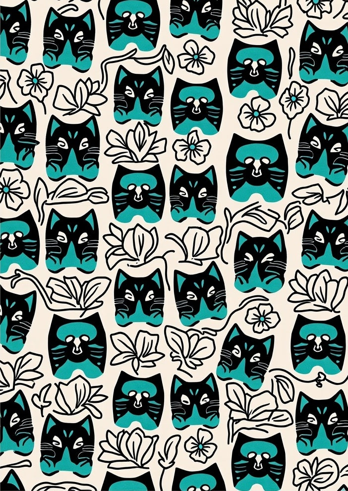 Black Teal Cat Floral Whimsy Pattern Rug