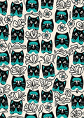 Black Teal Cat Floral Whimsy Pattern Rug