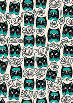 Black Teal Cat Floral Whimsy Pattern Rug