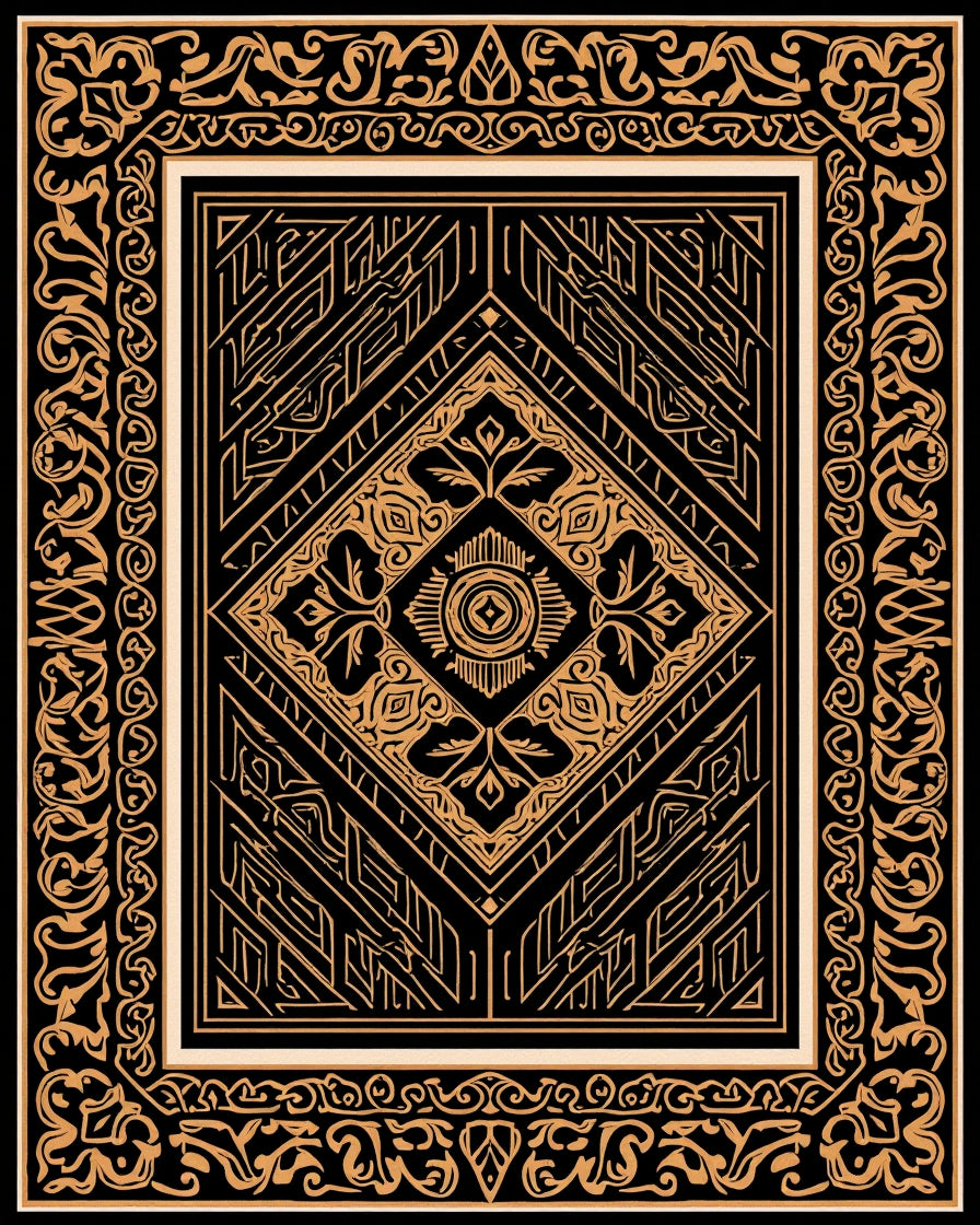 Ornate Black Gold Geometric Diamond Rug