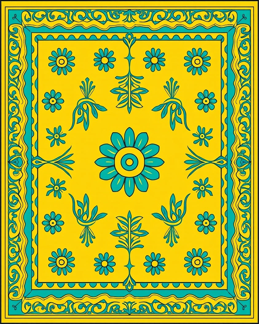 Yellow Teal Floral Medallion Rug