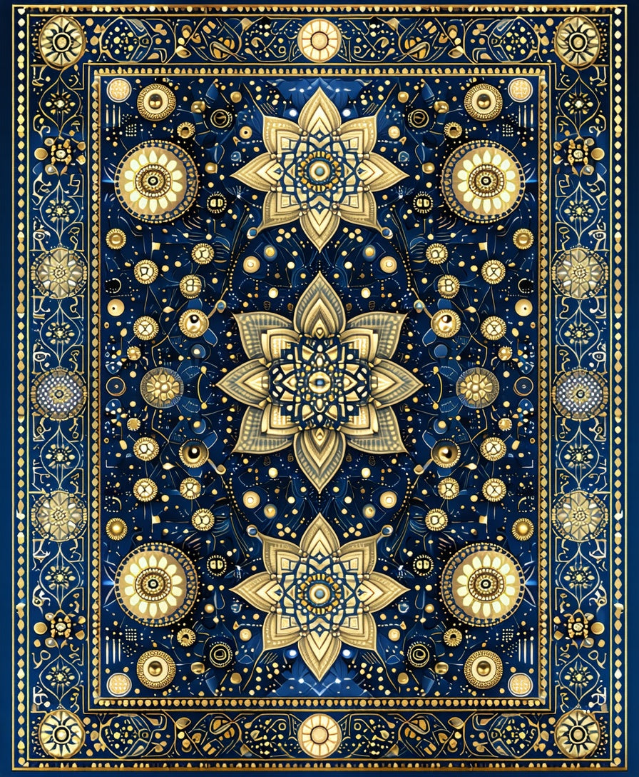 Intricate Floral Geometric Blue Gold Rug
