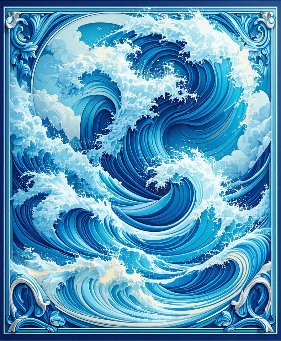 Dynamic Blue Ocean Wave Design Rug