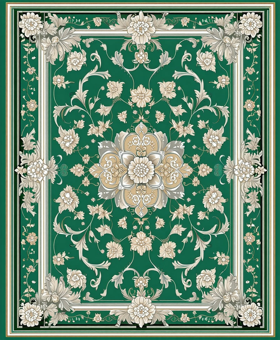 Elegant Green Floral Medallion Design Rug