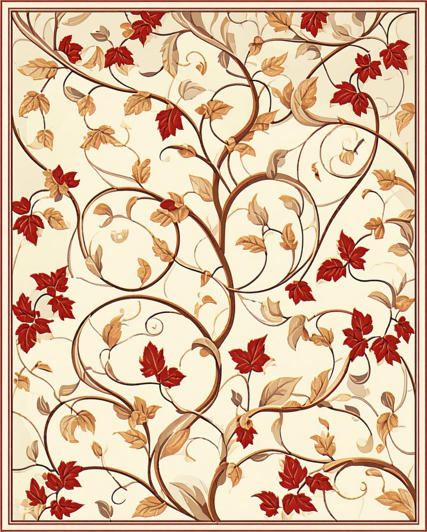 Red Leaf Vines Swirls Pattern Rug
