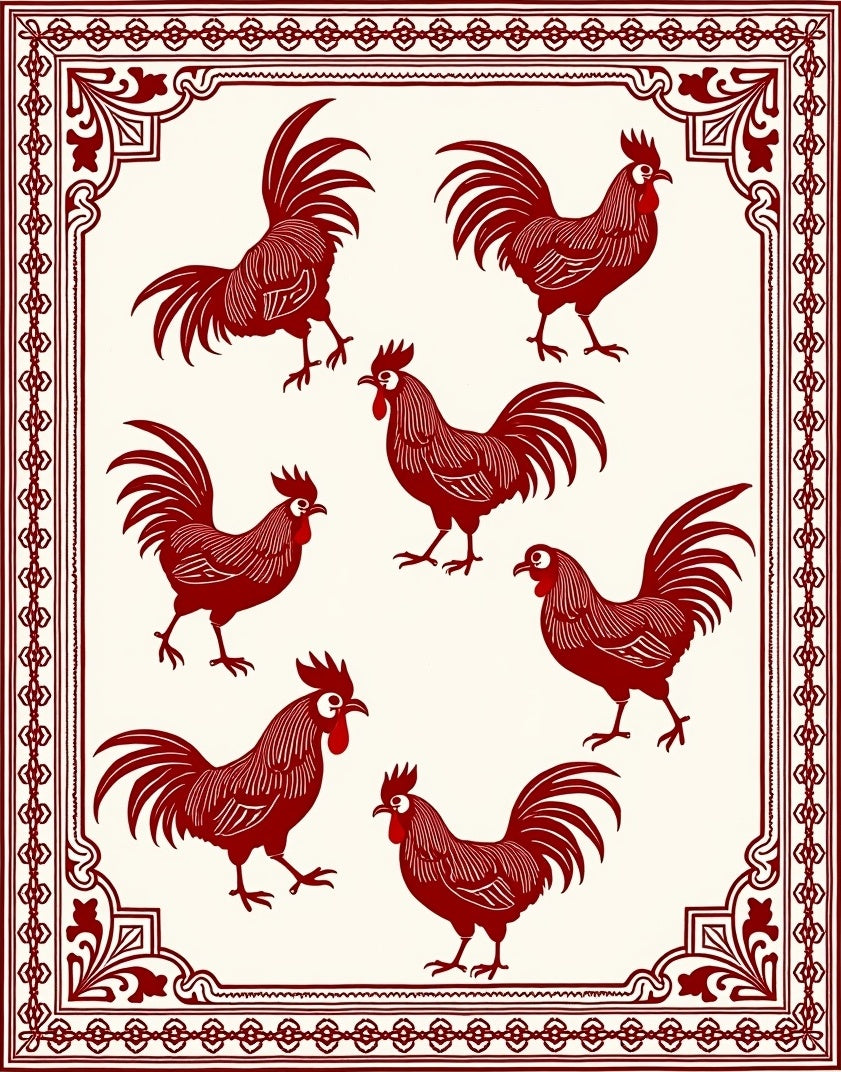 Crimson Rooster Border Art Rug