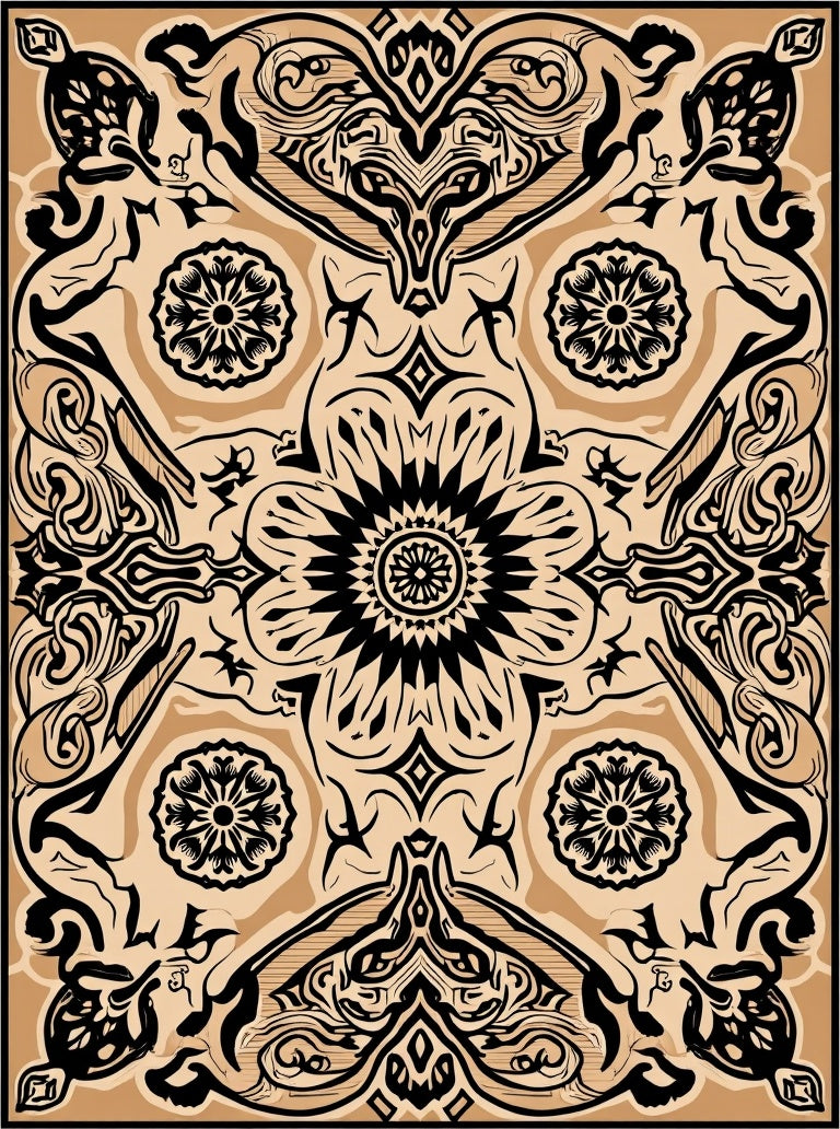 Black Beige Ornate Floral Pattern Rug