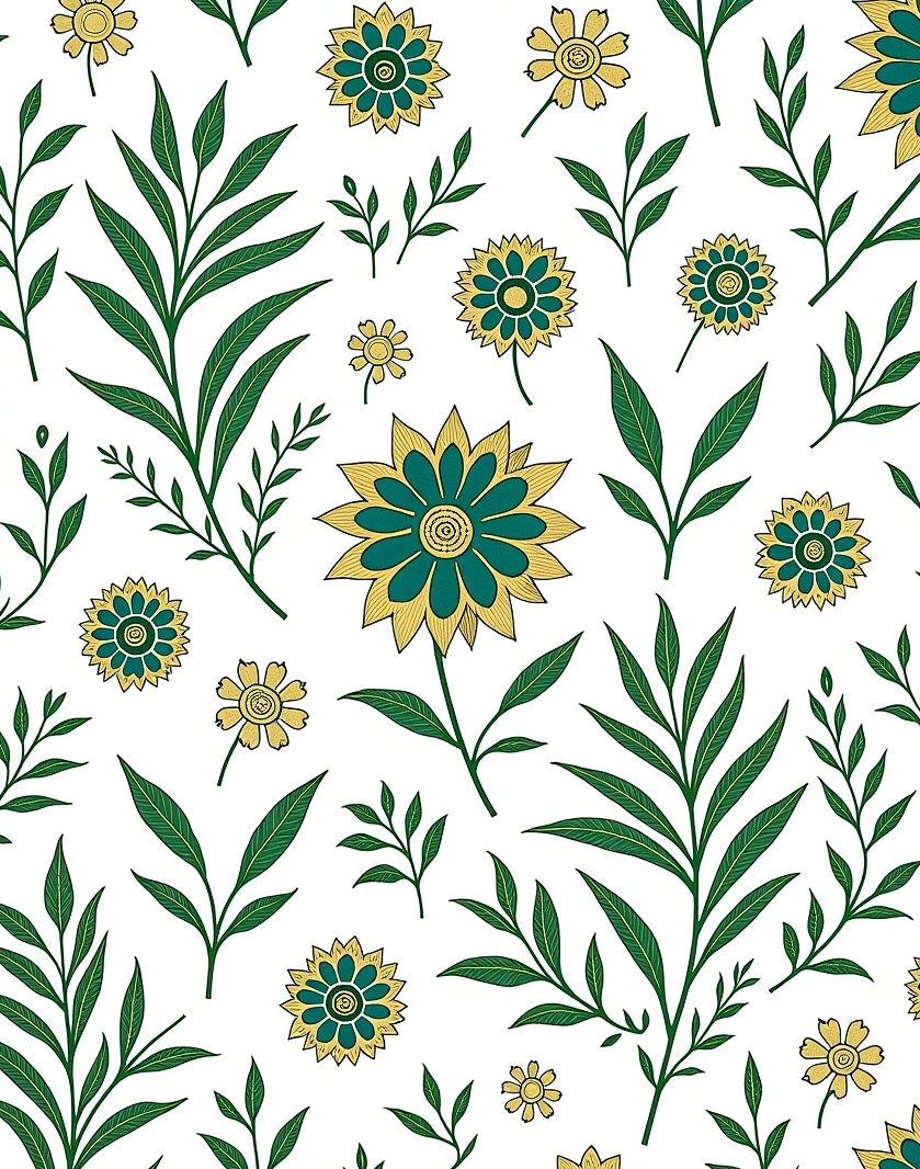 Teal Yellow Floral Foliage Pattern Rug
