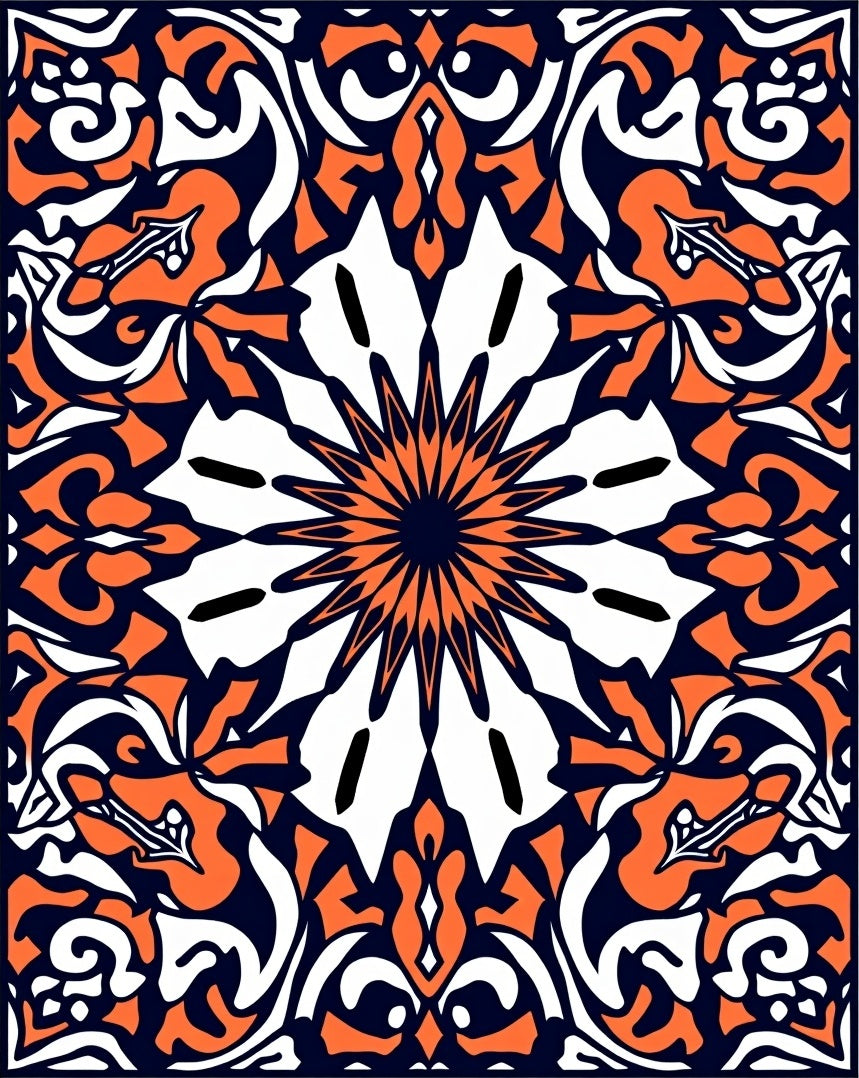 Symmetrical Orange White Navy Floral Pattern Rug