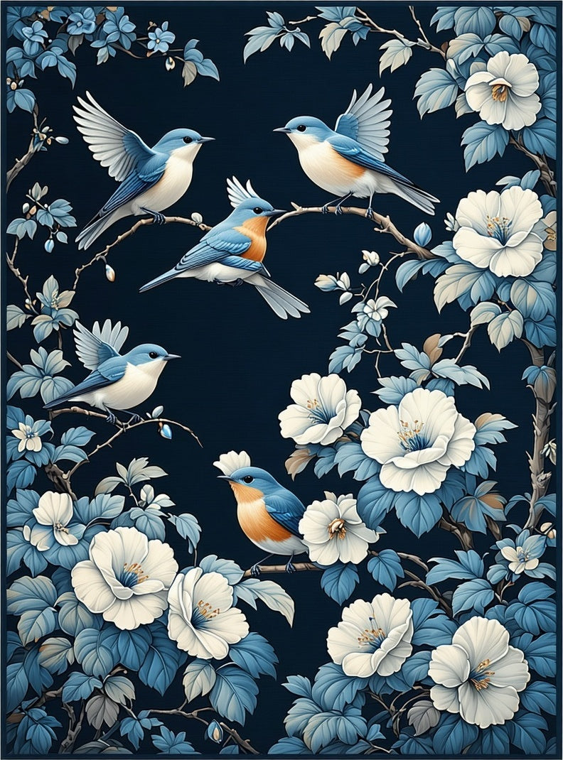 Elegant Bluebirds With White Flowers Rug