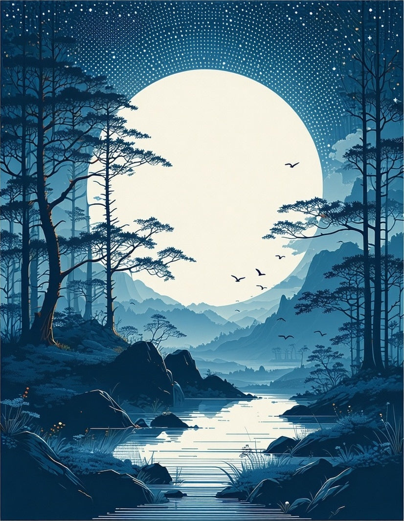 Serene Lunar Landscape Forest Scene Rug