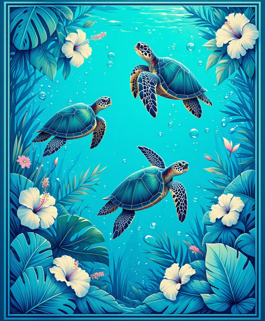 Watercolor Sea Turtles and Tropical Flowers Rug