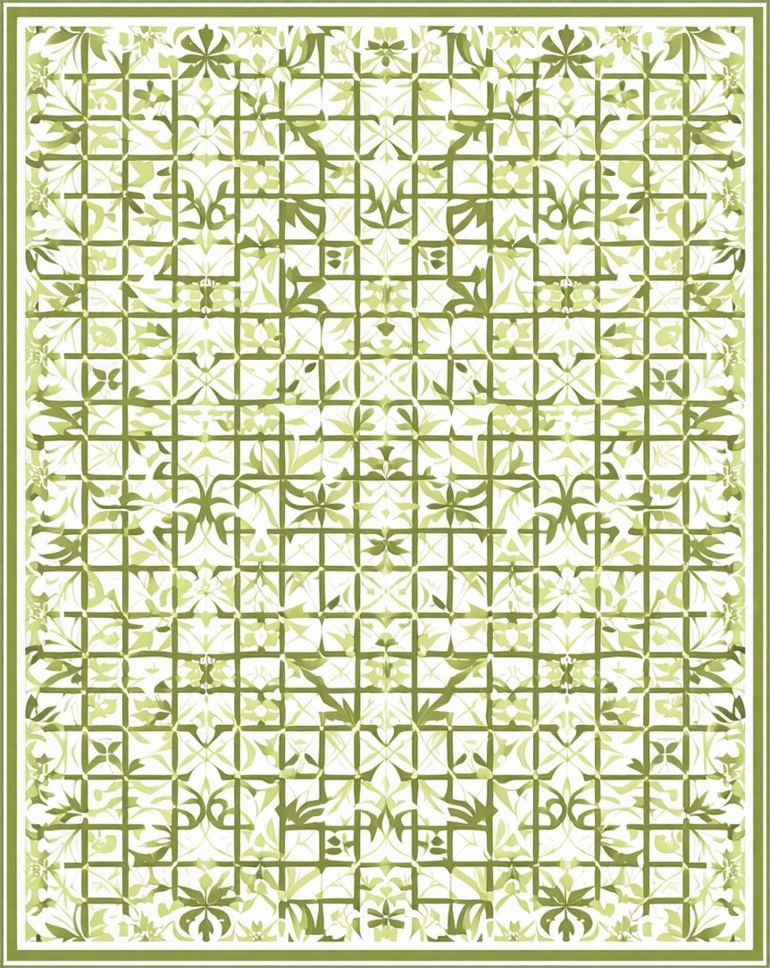 Green Leaf Floral Grid Pattern Rug
