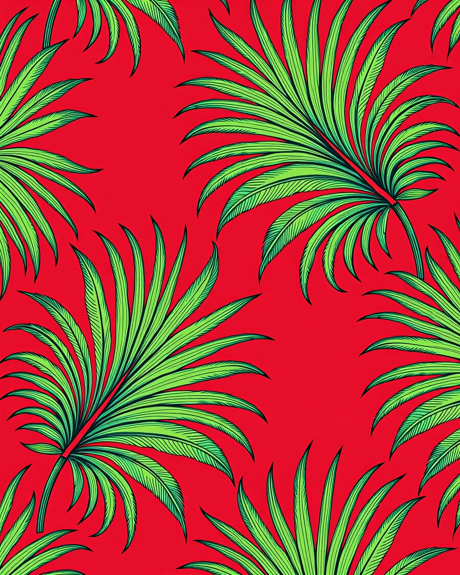 Vibrant Red Green Palm Leaf Pattern Rug
