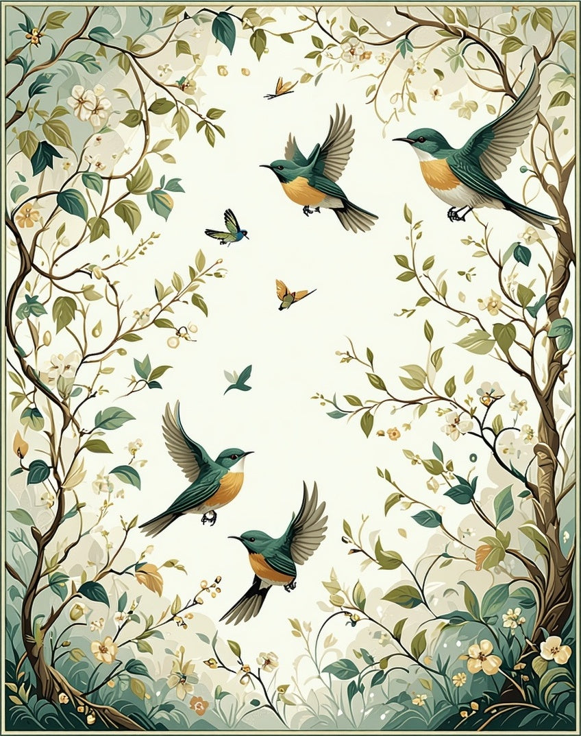 Whimsical Birds Floral Nature Pattern Rug