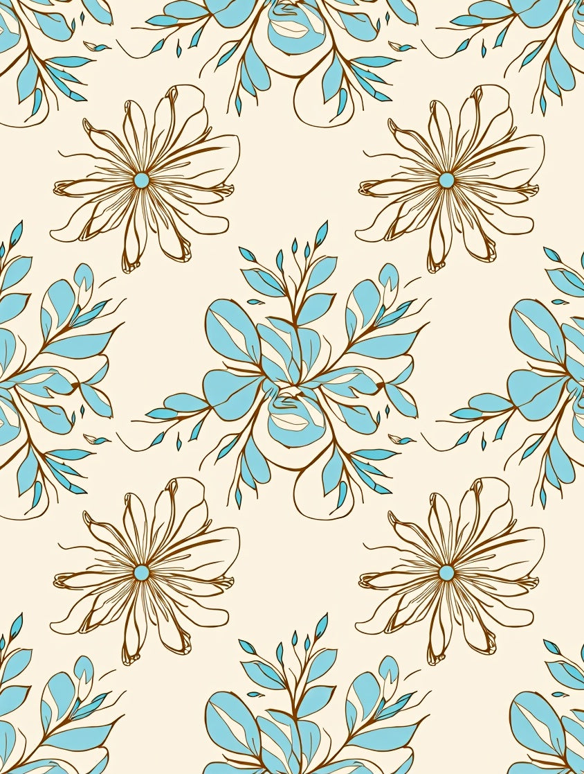 Delicate Floral Outline Blue Leaf Pattern Rug