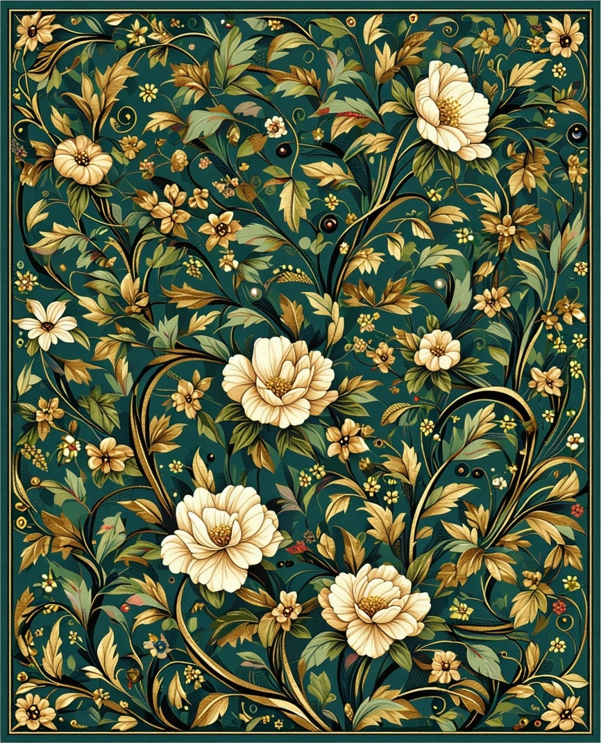 Emerald Floral Scroll Vintage Design Rug
