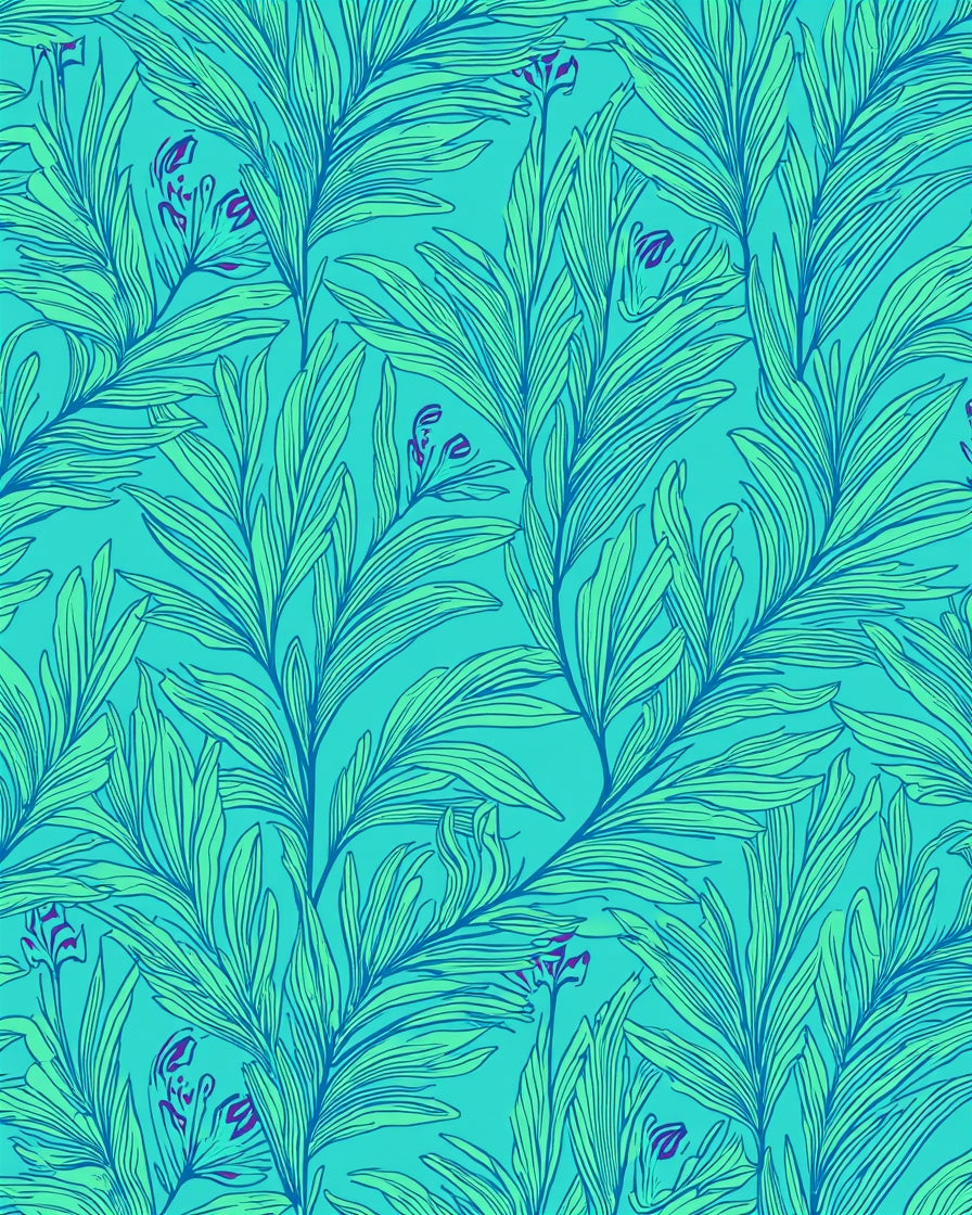 Teal Tropical Foliage Line Art Rug