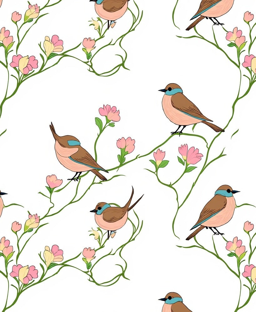 Chirpy Birds Blooming Branches Pattern Rug